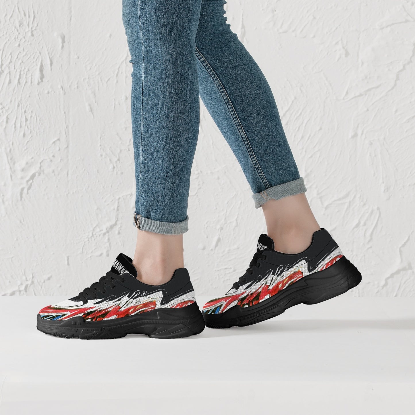 All colors Trendy Chunky Sneakers - White/Black With Red Waves