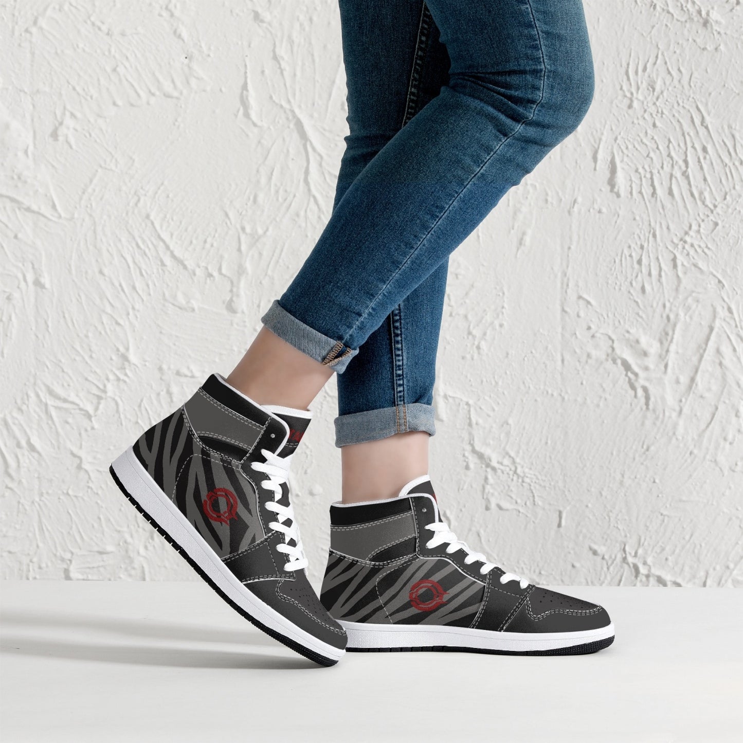 High-Top Leather Sneakers -Black /Grey Lined.