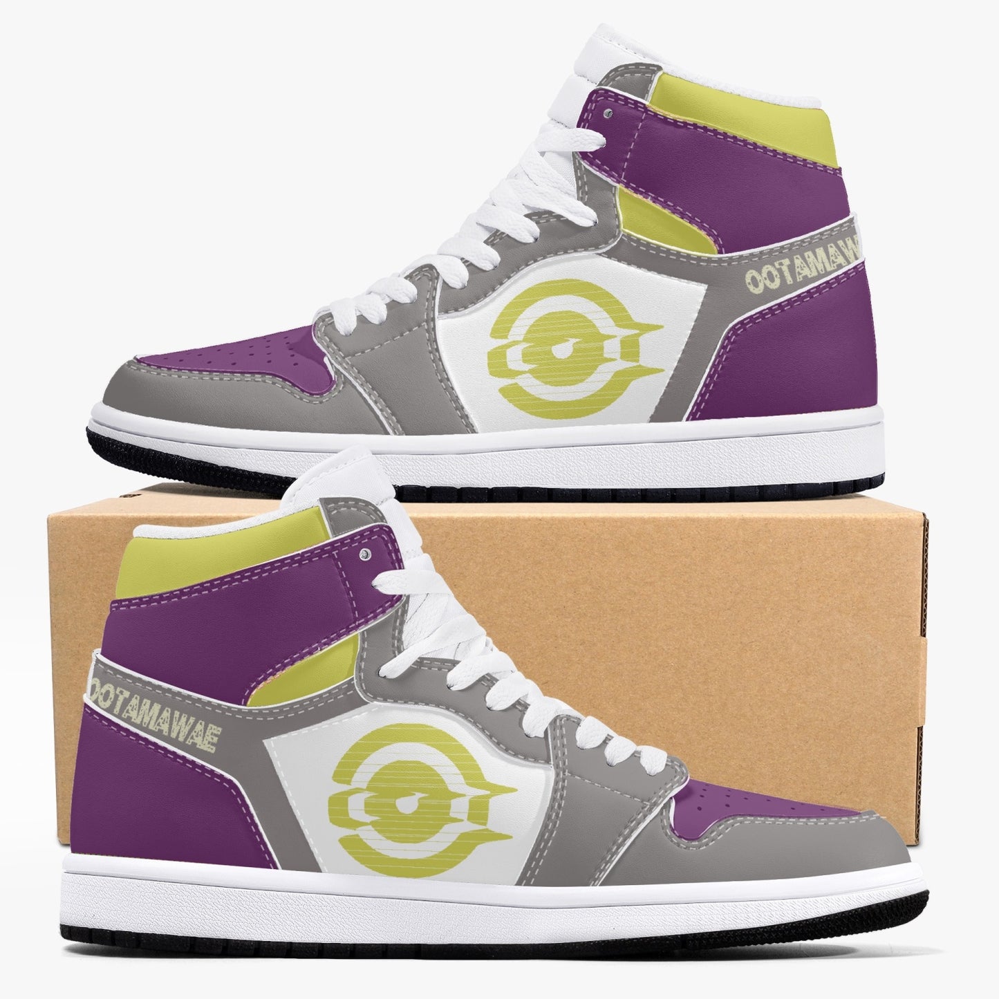 High-Top Leather Sneakers Grrey-Yellow-Purple